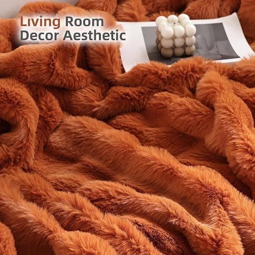 Smoofy Faux Fur Fall Throw Blanket for Couch – Burnt Orange Fluffy Cozy Rabbit Fleece, Plush Soft Bubble Blanket for Sofa & Bed, for Mom, Warm Fuzzy Home Room Decor Throw 60" x 80" thumbnail 5