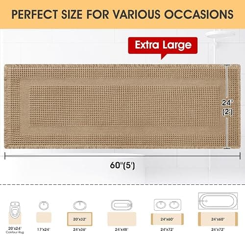 Extra Large Waffle Bath Mat, Boho Woven Modern Bath Rug Absorbent Non Slip, Soft Bathroom Mats, Machine Washable Knit Bath Rugs with Tassels for Bathroom, Bedroom, Kitchen, Shower, Tub, Beige, 5'x2' thumbnail 2