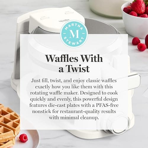 Martha Stewart Rotating Waffle Maker, Ceramic Nonstick Plates, Linen Cream | PFAS-Free Ceramic Nonstick 1" Deep Plates, 180° Flip for Even Browning, Classic Round Waffles, Crisp Level Timer, Drip Tray thumbnail 10