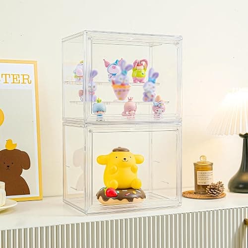 LXLXXL Small Acrylic Display Case for Collectibles 3 Layer Adjustable Display Case with Magnetic Door Clear Stackable Display Box for Mini Figures, 2 Pack thumbnail 2