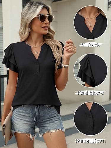 ANRABESS Womens Tops Dressy Casual Ruffle Short Sleeve V Neck Blouses Summer Button Down Business Work Elegant Shirts thumbnail 4