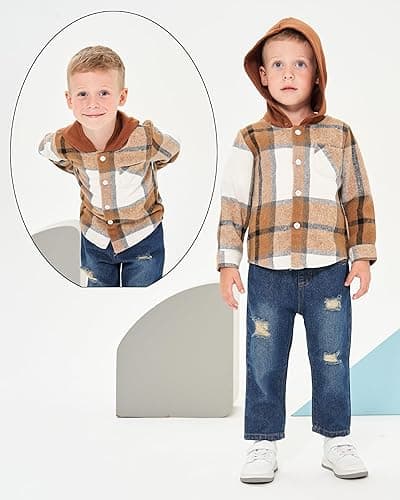 Renotemy Toddler Baby Boy Clothes Denim Outfits Infant Hooded Sweatshirt Jeans Pants Little Boys Clothing - Coffeeplaid - 2-3T thumbnail 2