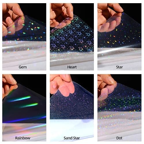 36 Sheets Holographic Sticker Paper, Clear Vinyl Lamination Sticker Film Self Adhesive, Transparent Overlay Laminate Sticker Paper Waterproof-Gem/Dots/Sand Star/Rainbow/Star/Heart, 8.5x11 Inch thumbnail 4