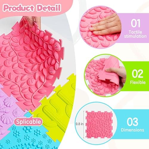 AKIMRABY 8 Pcs Sensory Mats, Sensory Tiles Puzzle Floor Mat for Kids Sensory Room Items，Different Patterns and Colors - Silicone Massage Orthopedic Mat for Children with Autism thumbnail 4
