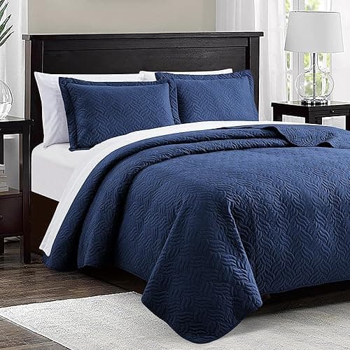 Love's cabin Quilts for Queen Bed Navy Blue Bedspreads - Soft Bed Summer Lightweight Bedspread Comforter - Modern Style Wave Pattern Coverlet for All Season - 3 Pieces (1 Quilt, 2 Pillow Shams) thumbnail 3