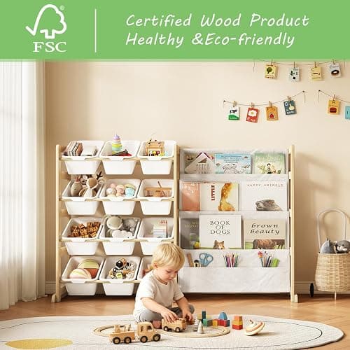 EXPERLAM Toy Storage Organizer with Bookshelf, Kids Toy Organizer and Storage Shelf with 12 White Bins, Solid Pine Wood Book Rack for Playroom, Nursery, Kids Room, Toys and Books thumbnail 2