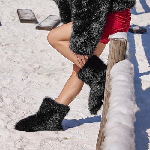 QLR Faux Fur Boots for Women Furry Fuzzy Fluffy Boots Round Toe Mid-Calf Winter Snow Boots Comfortable Outdoor Flat Shoes thumbnail 2