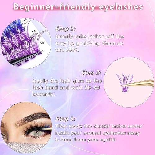 Fairy Colored Lash Extensions Clusters, False Eyelashes, Individuals Eyelash Clusters Diy Colored Eyelash Kit 6 Colors Rainbow Individual Eye Lashes 14/16mm D Curl Blue, Purple（120pcs)（No Glue） - 120 PCS thumbnail 5