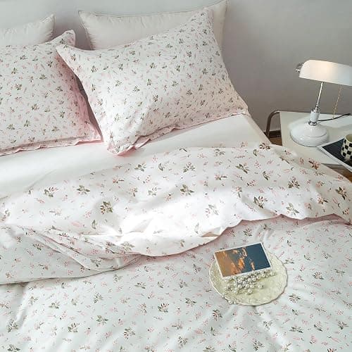 mixinni Girl Floral Full Size Comforter Pink White Flower Leaf Print Bedding Sets, Cute Floral Bedding Comforter Sets for All Seasons-(1 Comforter+2 Pillow Shams)-Full Size thumbnail 6