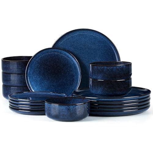 Joyfair Geschirrset 6 Personen, 18-tlg Steinzeug Tafelservice Set, Kratzfest Reaktive Glasur Geschirr Set mit Speiseteller, Dessertteller, Müslischalen, Mikrowellen- & Spülmaschinenfest, Tiefsee Blau - Image 1