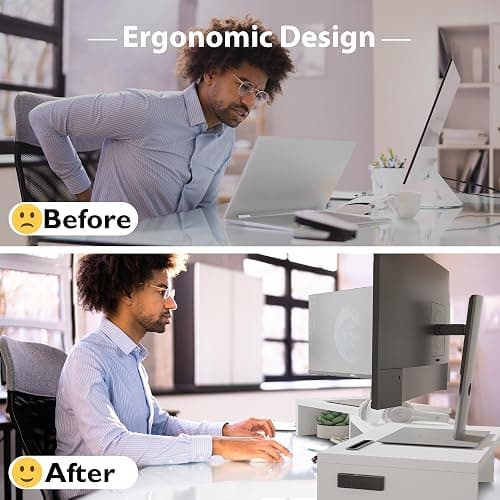 BONTEC Dual Monitor Stand Riser with Smartphone Holder, Adjustable Length & Swivel Angle, Ergonomic Wooden Desktop Organizer for PC Monitor, Laptop, Printer, Large Storage, White thumbnail 4