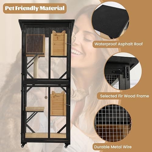 MAGIC UNION 71" Catio Outdoor Cat Enclosure Window Access, 4 Tiers Cats Playpen Catio with Wheels, Resting Box & Waterproof Roof, Indoor Large Cat House Cage with Scratching Post Sisal Ball (Black) thumbnail 6