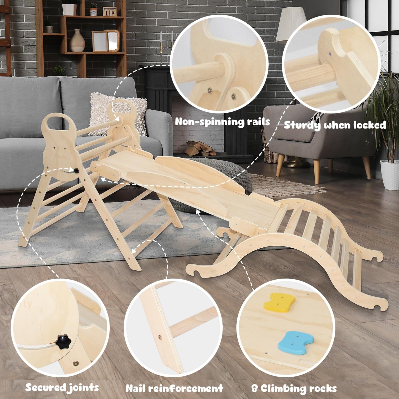 7 in 1 Large Pikler Triangle Set,Foldable Climbing Toys Wooden Montessori Climbing with Sliding Ramp&Arch Rocker for Toddlers,Climber Indoor Playground Set for Kids (Wooden Color) thumbnail 7