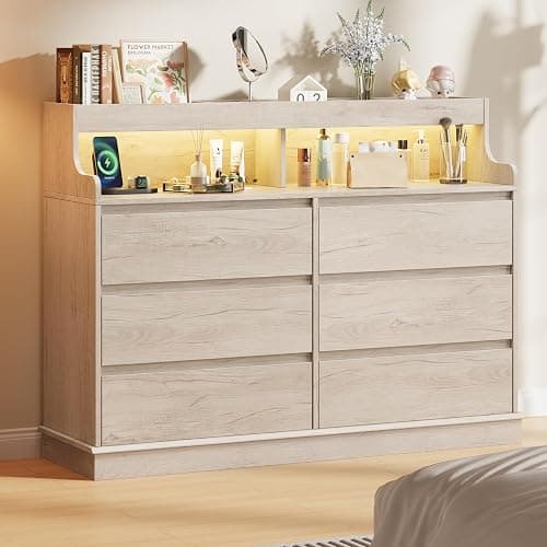 Garvee 6 Drawer Dresser, Desser for Bedroom with LED Lights and Charging Station, Wide Chest of Drawers with Open Space, Modern Large Capacity Storage Cabinet, Living Room, Hallway, Oak - Image 1