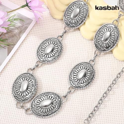 KASBAH Women Western Concho Belts For Dresses Jeans Cowgirl Waist Chain Belt Adjustable Metal Concho Country Belt - Antique Sliver - Fit waist size 25"-32"(43"length) thumbnail 4