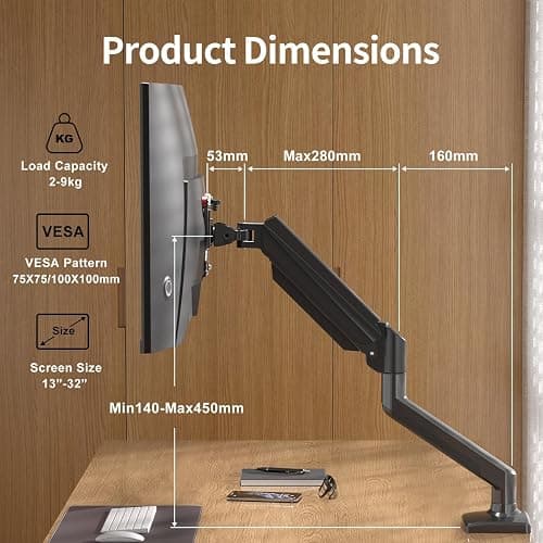 suptek Support Ecran PC pour Moniteur LCD LED de 13 à 32 Pouces, Bras de Moniteur à Ressort à Gaz, Hauteur Réglable, VESA 75/100 mm, Inclinaison de ± 90°, Rotation de 360°, Capacité 2-9 kg, MD01A thumbnail 2
