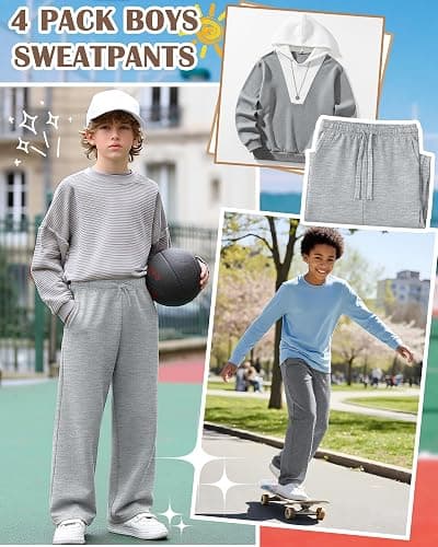 LessonZoo 4 Pack Boys Baggy Sweatpants Kids Wide Leg Pants | Boys Straight Leg Pants, Teen Athletic Joggers, Open Bottom Pant with Pocket, 5-14 Years, Lightweight, Back to School Clothes thumbnail 2