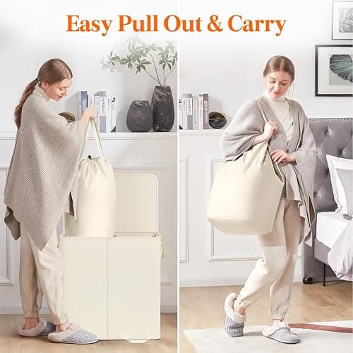 Lifewit Double Laundry Hamper with Lid and Removable Laundry Bags, Large Collapsible 2 Dividers Dirty Clothes Basket with Handles for Bedroom Laundry Room Closet Bathroom College, 136L Ivory White thumbnail 5