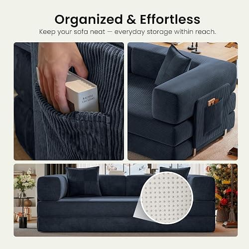 CUBENTE 78.8" Convertible Futon Sofa Bed, Boneless Couch for Living Room | Corduroy Boneless Loveseat Sleeper Sofa, Modular Futon Couch with Storage Pocket, Pull Out Couch No Assembly | Royal Blue thumbnail 8