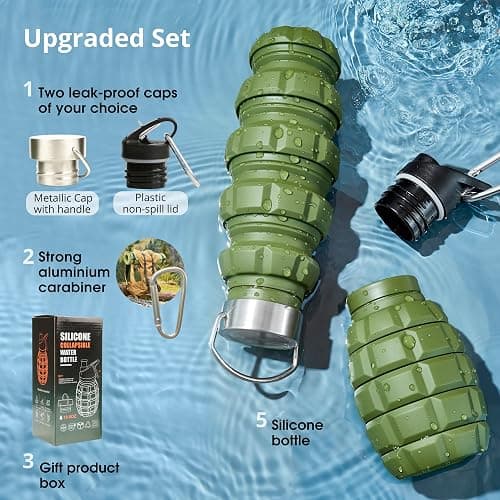 YARO Collapsible Water Bottles, 20oz Water Bottle with 2 Lids and Carabiner, Green Travel Water Bottle, Silicone Water Bottle BPA-Free, Slim Foldable Hiking Bottle thumbnail 5