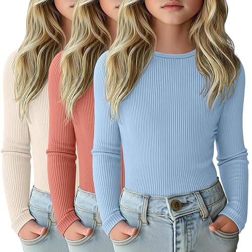 LessonZoo 3 Pack Girls Long Sleeve Shirts Ribbed Knit Cotton Layering Tops Slim Fit Crewneck Casual Undershirts - Image 1