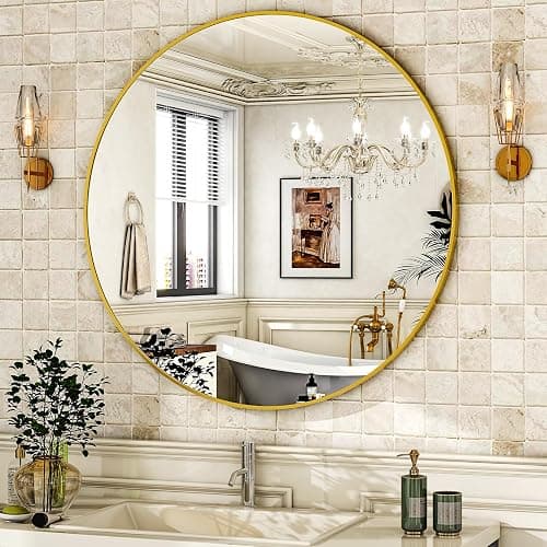 HARRITPURE 20" Round Bathroom Mirror, Gold Circle Wall Mirror | Brushed Aluminum Alloy Frame Modern Decoration for Bathroom, Living Room, Vanity, Bedroom, Entryway thumbnail 2