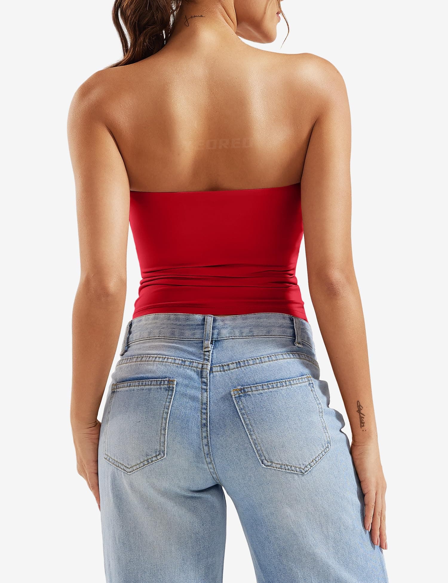 YEOREO Sophie Women Sexy Long Tube Tops Double Lined Basic Y2K Summer Cute Strapless Fitted Bandeau Going Out Crop Top Red M thumbnail 4