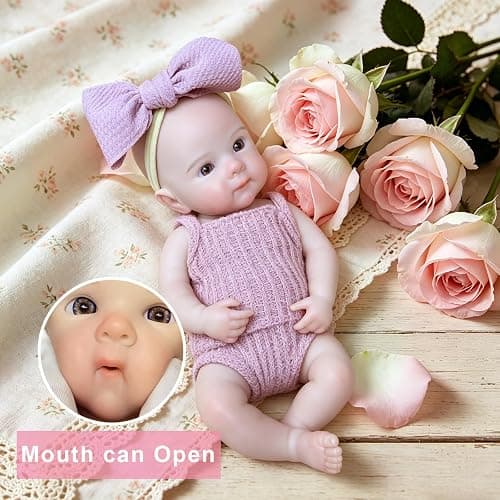 Yokyyi Reborn Baby Dolls Silicone Full Body 13 Inch Bettie Full Silicone Baby Doll Anatomically Correct that Realistic Soft Silicone Doll with Dark Pink Bow Dress thumbnail 7