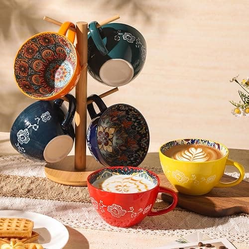 TAUFIKT Coffee Mug Set of 6, 15 oz Boho Coffee Mug Ceramic with Handle, Porcelain Tea Cups Set, 6 Pcs Coffee Cups for Cappuccino and Latte, Microwave & Dishwasher Safe, Ideal Gift for Family/Friend thumbnail 2
