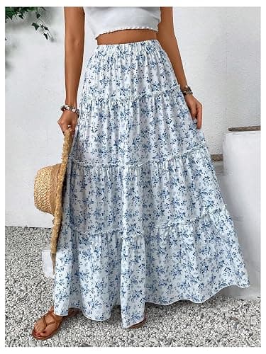 Floerns Girl's Floral Maxi Skirt Elastic Waist Tiered Ruffle Hem Summer A Line Skirts thumbnail 5