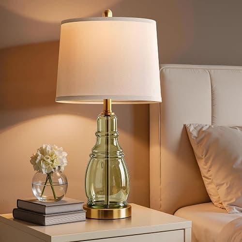 ROTTOGOON Glass Table Lamp Set of 2, Modern Table Lamps for Living Room Bedroom, Bedside Desk Lamps Vintage Nightstand Lamps with Linen Shades, 22", Green thumbnail 7