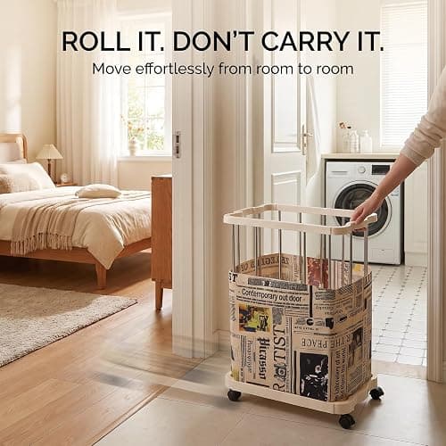 PureBox Laundry Hamper with Wheels, Vintage Rolling Laundry Basket, Cream | Metal Frame,Premium Fabric with Retro Newspaper Print,Easy Assembly,Smooth Rolling,Open Top,for Bedroom/Bathroom/Laundry Room thumbnail 5