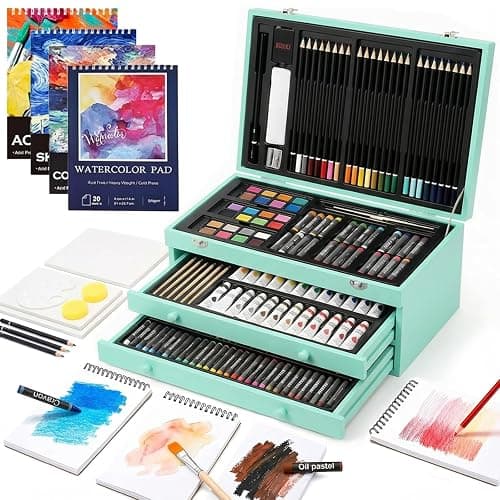 194 Piece Deluxe Art Set, Painting Drawing Art Supplies with 4 Drawing Pads, Acrylic Paints, Crayons, Colored Pencils Set in Wooden Case, Art Kit Gift Box for Kids, Teens, Adults, Artists, Beginners - Image 1