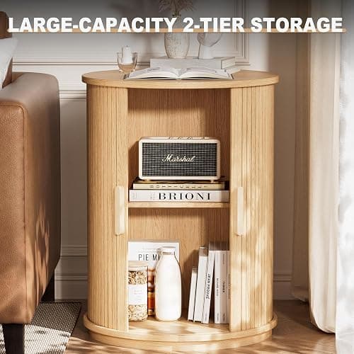 INNOD Side Table with Storage for Living Room, Round End Table with Sliding Tambour Door, Wood Night Stand Nightstand Bedside Table for Bedroom, Small Round Side Table, Mid Century Modern, Light Oak thumbnail 6
