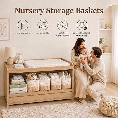 OIASKET 4 Pack Storage Baskets for Organizing, 13"X9"X7.87", Decorative Cotton Rope Baskets for Shelves, Small Woven Basket for Toys, Books and Towels, Brown & White thumbnail 6