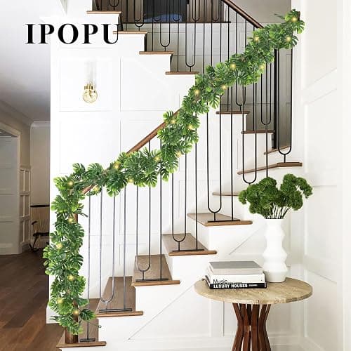 IPOPU 4PCS Artificial Monstera Leaf Ivy Vines with Light Strings, 5.7FT Faux Tropical Palm Leaf Garland Fake Monstera Hanging Greenery Plant for Garden Jungle Hawaiian Party Porch Patio Outdoor Decor thumbnail 6