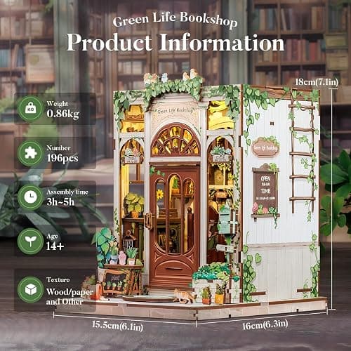 Fsolis Book Nook Kit, 3D Wooden Puzzles for Adults, 196 pcs, DIY Miniature Puzzle Room Kit Tiny House Bookshelf Decor Gifts for Women Teenagers Book Lovers (Green Life's Bookshop) thumbnail 3