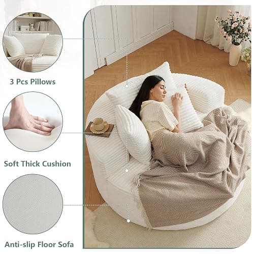 LUCKHAO 55'' Oversized Accent Chair, Comfy Corduroy Single Sofa with 3 Pillows, Upholstered Round Chair with Extra-Wide & Deep Seat for Living Room & Bedroom, White thumbnail 3