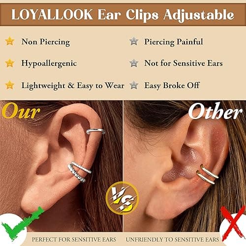 LOYALLOOK Ear Cuff Earrings for Women 14K Gold Plated Ear Cuffs Non Piercing Clip on Cartilage Earring Trendy Fake Earrings Hypoallergenic Huggie Hoop Clip Cuff Earring Lightweight - silver-simple A thumbnail 4