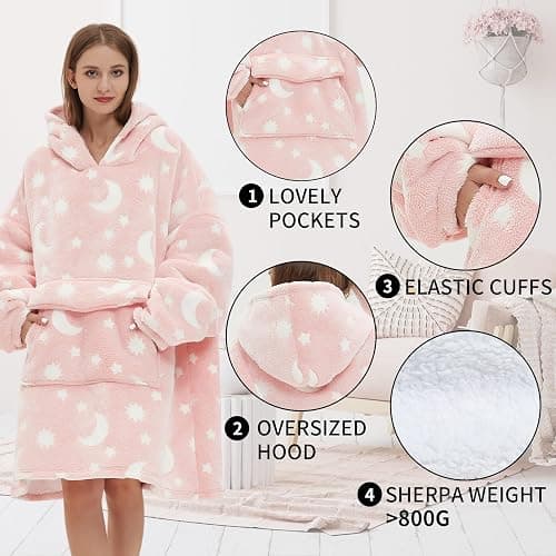 Fiosnow Glow in the Dark Star and Moon Blanket Hoodies for Women and Men Adult Fleece Sherpa Oversize Wearable Blanket Hoodies for Soft and Warm thumbnail 4