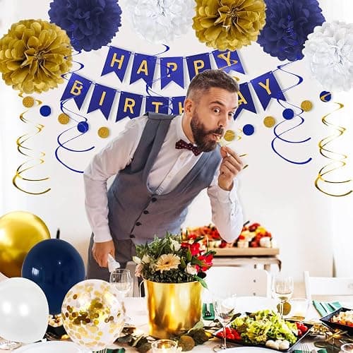 YGYXMY Birthday Decorations for Men, Navy Blue and Gold Party Decorations Set - Happy Birthday Banner, Balloons, Tissue Pompoms, Swirls, Tassels Garland thumbnail 2