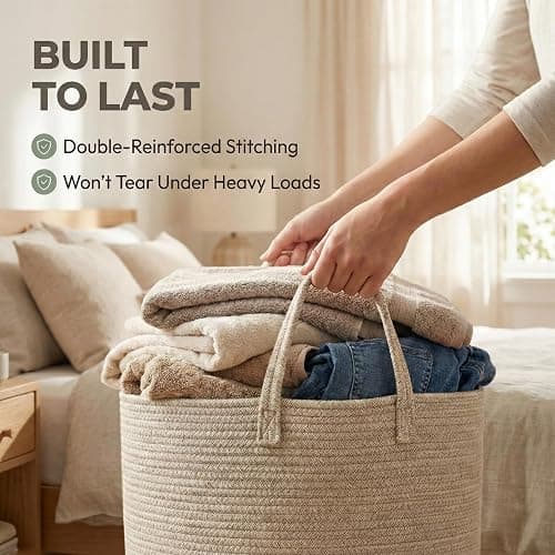 JMvicyroam 65L Extra Large Machine Washable Cotton Rope Blanket Basket | Collapsible Laundry Hamper, Reinforced Handles, For Blankets, Pillows, Toys and Clothes, Living Room and Bedroom, Oatmeal thumbnail 6