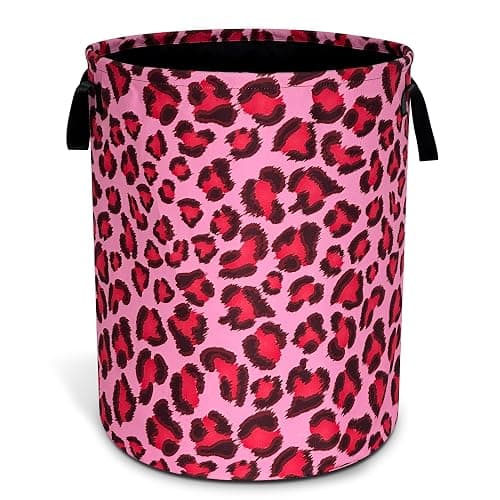 Pink Leopard Skin Laundry Basket Foldable Oxford Cloth Hamper 18.9x16.5 In | With Handle Large-Capacity Portable Clothes Storage Basket For Bathrooms, Laundry Rooms, Bedrooms，Living Rooms - Image 1
