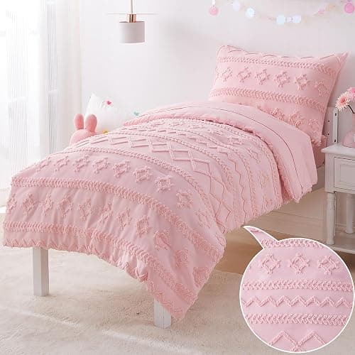 Pink Toddler Bedding Set for Girls 4-Piece Boho Tufted Toddler Comforter Set Jacquard Tufts Bed-in-a-Bag Crib Toddler Bed Sheet Set for Kids with Comforter, Flat Sheet, Fitted Sheet, Pillowcase | Toddler Bedding Set, Toddler Comforter, Toddler Sheets Set, Crib Bedding Set, Toddler Bed Set, Toddler Girl Bed Set thumbnail 7