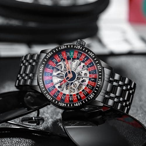 Roulette Wheel Automatic Mechanical Watch for Men Swinging Rotary Dial Design Hollow Skeleton Watches Stainless Steel Waterproof Business Luxury Wristwatch thumbnail 4