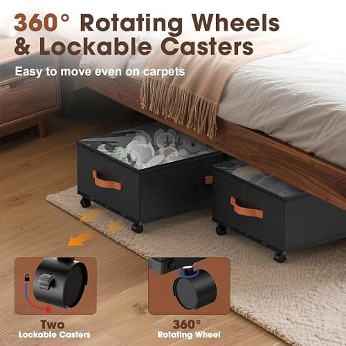 Eastherry Under Bed Storage Containers with Wheels, 9.5 inches Higher Underbed Shoes Blankets Clothes Toy Storage Drawers for College Dorms Bedrooms Nursery Rooms Organization, 2 Pack to be Assembled thumbnail 3