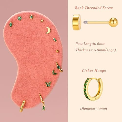 KRFY 25Pcs Hypoallergenic Surgical Steel Earrings for Sensitive Ears 14K Gold Plated Flat Back Cartilage Earrings for Women Men Screw Back Flatback Stud Hoop Earring Set for Multiple Piercing thumbnail 2