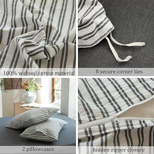 BESTDESIL Striped Duvet Cover Set,100% Washed Cotton Line Like Breathable Trendy Bedding Set(Strip-White/Black,Full) thumbnail 5