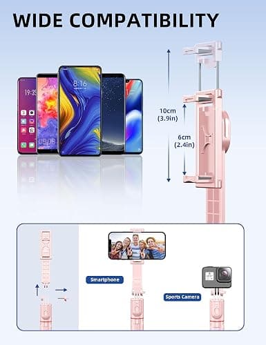 Selfie Stick mit Verbessertem Stativ [2023 Ganz Neues Entwurf] Selfie Stange aus Aluminium Handy Stativ mit Abnehmbarer Fernbedienung um 360° Drehbar für iPhone Samsung, Action-Kamera GoPro (Rosa) thumbnail 7