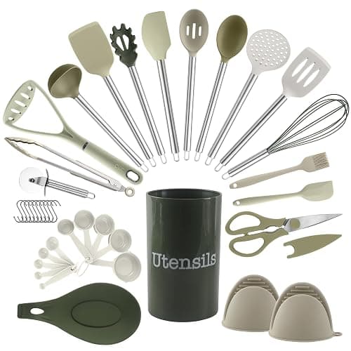 COOK WITH COLOR Silicone Cooking Utensils, Kitchen Utensil Set, Easy to Clean Silicone Kitchen Utensils, Cooking Utensils for Nonstick Cookware, Kitchen Gadgets Set, 38 Piece, Green - Image 1